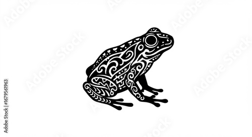 Stylized black and white frog illustration with intricate tribal pattern design on its body and smooth background vreated with genrated ai