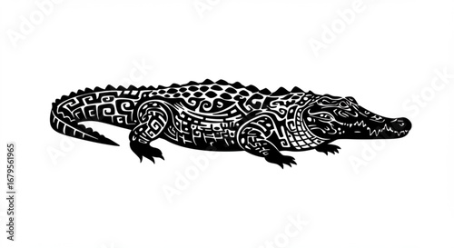 Detailed tribal alligator illustration in black and white with intricate patterns and sharp features vreated with genrated ai