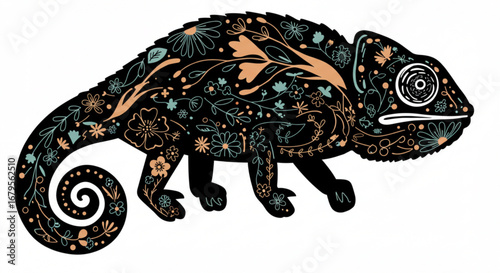 Floral patterned chameleon with coiled tail and detailed eye on a white background design art vreated with genrated ai