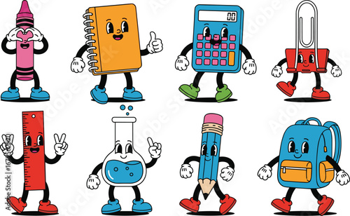 School supplies cartoon, educational characters, anthropomorphic stationery, cute classroom icons, expressive poses, colorful tools, learning theme, cheerful illustration, back to school,