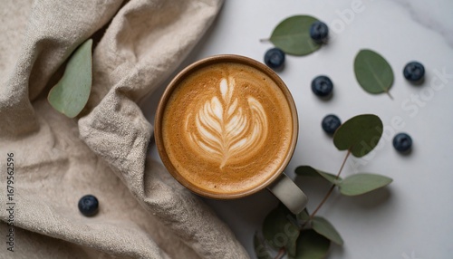 Wallpaper Mural Cozy Morning Latte with Blueberries and Eucalyptus on White Fabric Torontodigital.ca