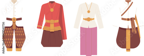 Traditional Thai clothing, cultural attire set, heritage fashion, ceremonial outfit, Southeast Asian costume, gold accessories, wrap skirt, elegant design, ethnic wear, festive style