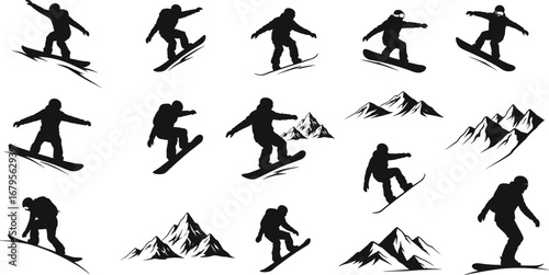Snowboarders silhouette with mountain vector icons, snowboarding action poses, winter sports adventure scene, cad drawing flat vector illustration