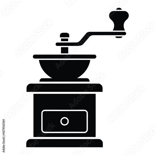 Black silhouette of a vintage manual coffee grinder with crank vector