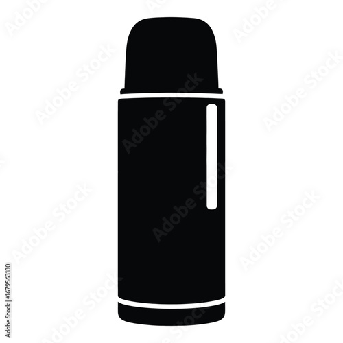 Black thermos flask icon with white vertical stripe and rim container beverage