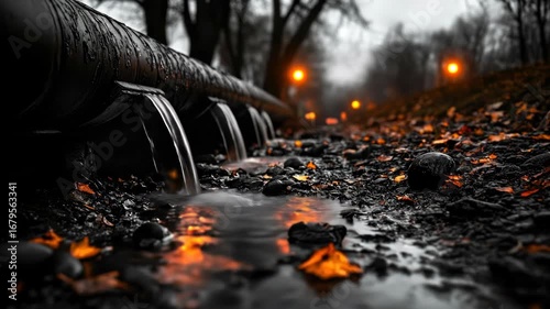 Autumn rainwater flowing through urban drainage illuminated by city lights