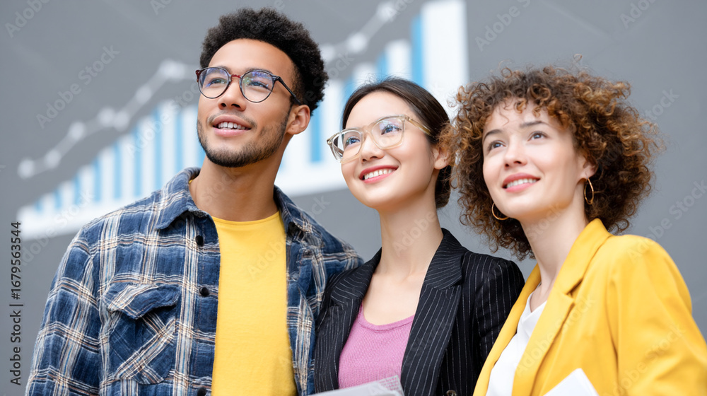 Fototapeta premium Diverse group of young professionals smiling confidently with upward graph in background