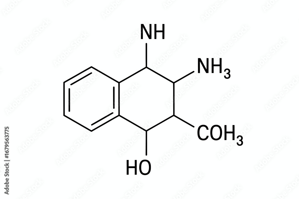 Fototapeta premium Chemical Structure of an Organic Molecule Representing Scientific Research and Pharmaceutical Chemistry with Specific Functional Groups and Benzene Ring