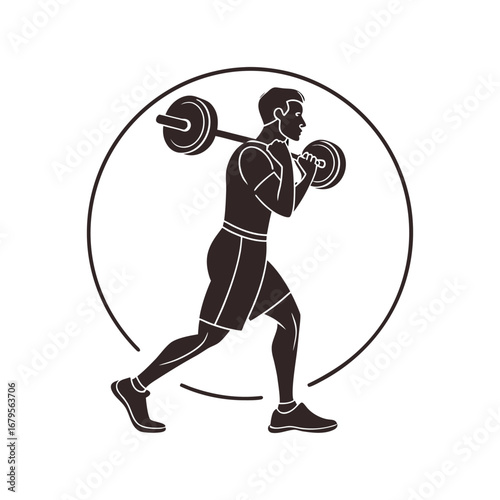 Silhouette of a man lifting weights in a circular frame