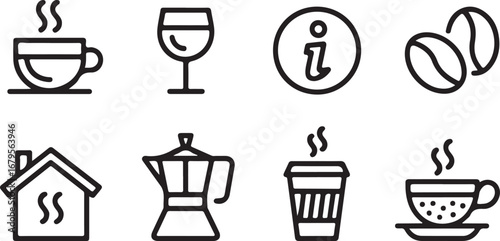 Coffee and drink icons with house and information symbol