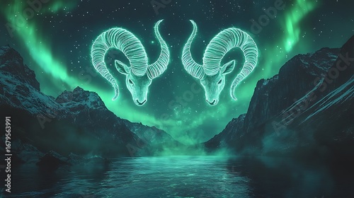 Capricorn and Pisces symbols harmonizing in an oceanic and mountainous cosmic landscape, glowing under a radiant aurora. 