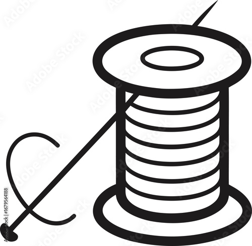 A line icon representing a sewing needle with a spool of thread