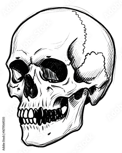 Detailed hand-drawn skull illustration, perfect for tattoo designs, medical studies, Halloween themes, or edgy branding projects that need a dark, artistic touch