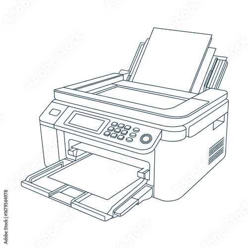 Detailed outline illustration of multifunction printer with paper in tray and document feeder for office use vector line art graphic