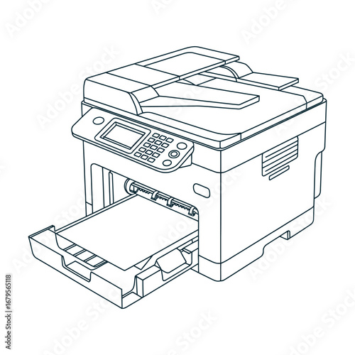 Detailed line art illustration of a multifunction printer for office use showcasing printing scanning copying and faxing capabilities for professional documents and productivity