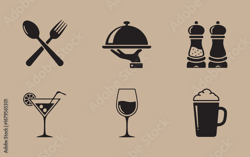 Collection of restaurant and beverage icons on a textured background