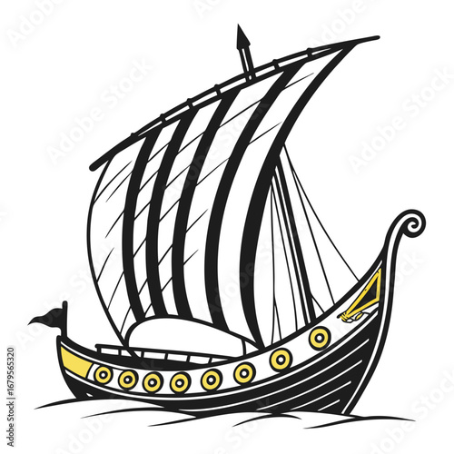 Illustration of a viking ship sailing on the sea