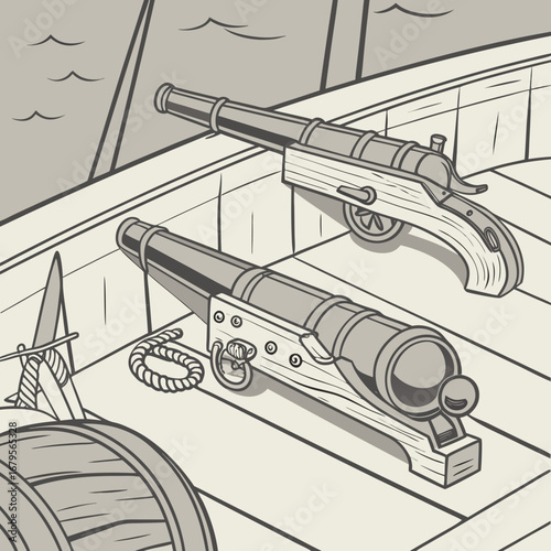 Illustration of cannons on a pirate ship deck