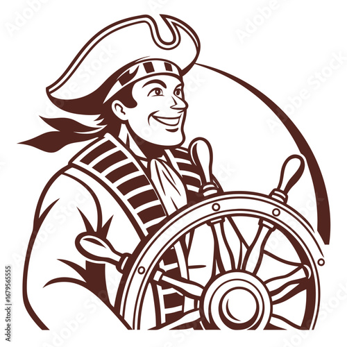 Vector art of cartoon pirate captain steering ship wheel