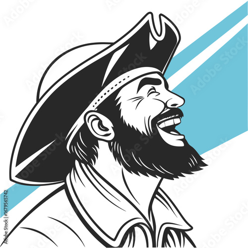 Vector art of laughing pirate with beard and hat in black and white illustration