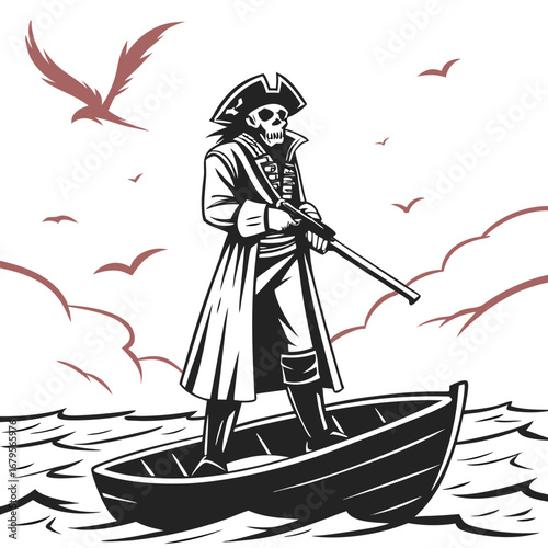 Vector art of pirate skeleton in a rowboat with a musket