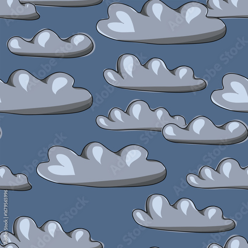 Dark sky cloudscape with gray clouds seamless pattern. Cloudy weather day illustration. Vector design for fabrics, clothes, stationery design