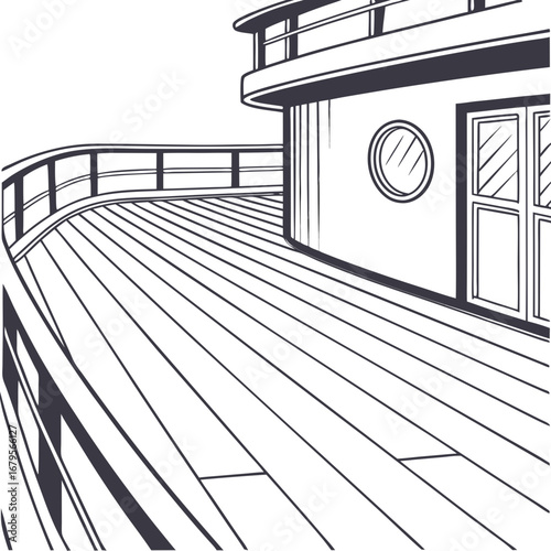 Vector art of ship deck with railing and cabin, nautical theme