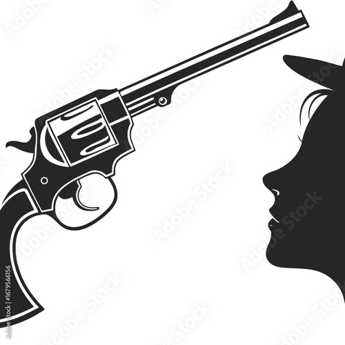 Vector art of silhouette of a womans face with a revolver