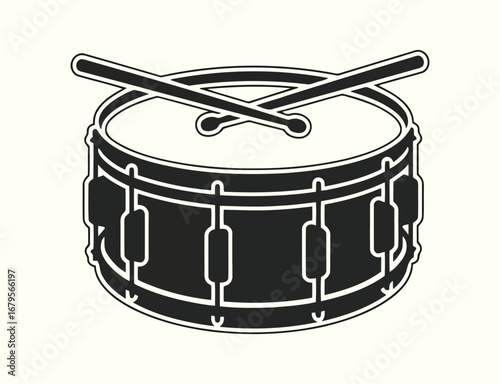 Illustration of a black and white snare drum with drumsticks