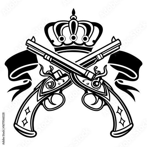 Vector art of two crossed flintlock pistols with a crown