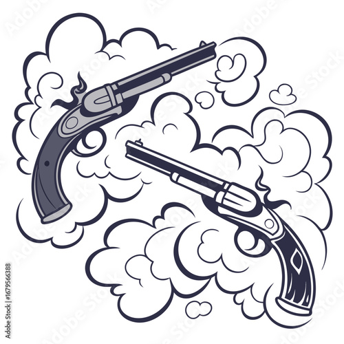 Vector art of two old revolvers with smoke coming out of the barrel isolated on white