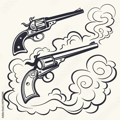 Vector art of two smoking revolvers in vintage style