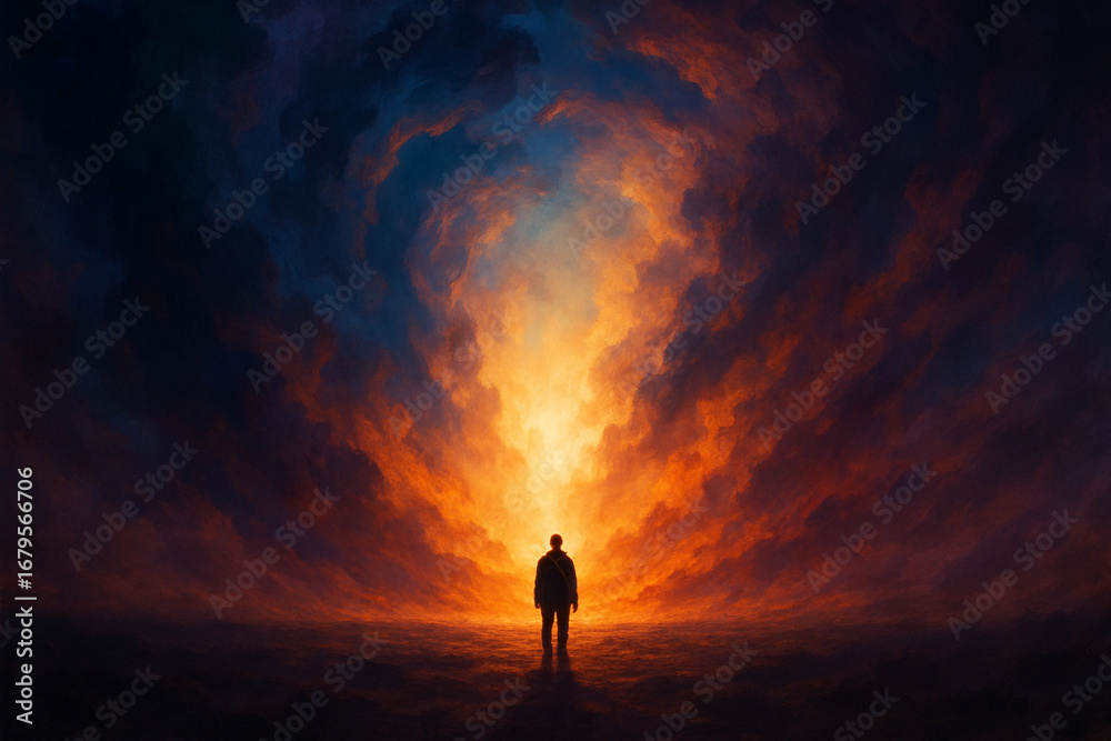 Fototapeta premium Lone figure stands silhouetted against a dramatic fiery sky vortex
