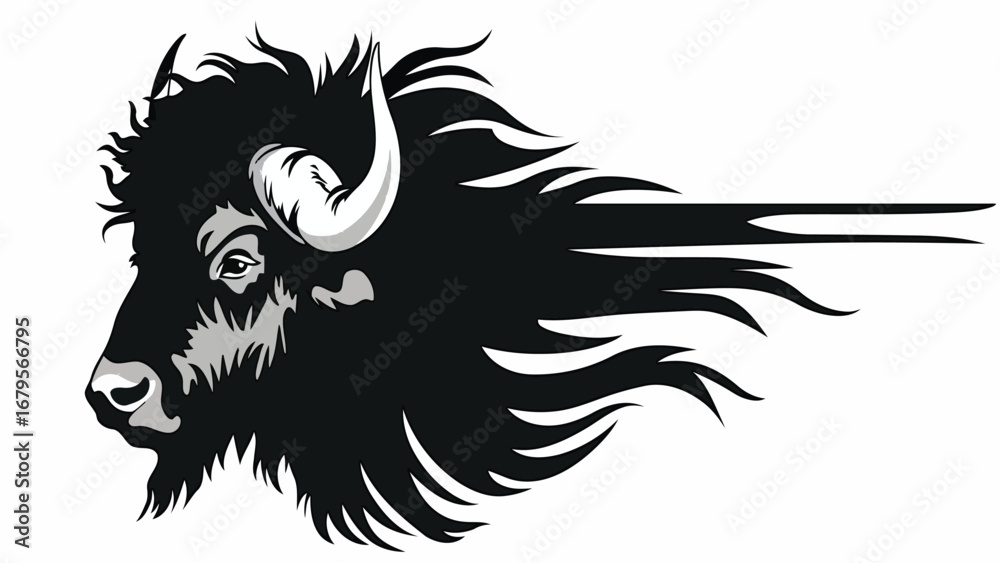 Fototapeta premium Buffalo Head Vector Illustration with Flowing Tribal Style Design, Stylized Bison Face Vector Illustration in Decorative Tribal Design