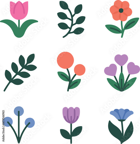 Collection of nine flat design floral icons flower