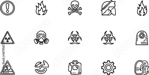 Vector Icons Representing Danger and Safety Precautions in Various Industries Including Fire and Nuclear Hazards