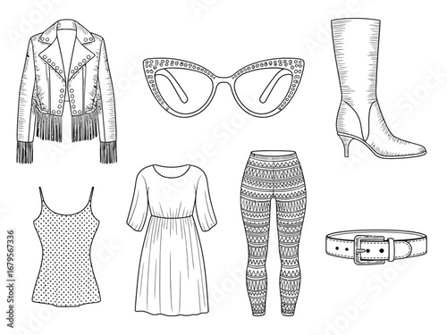 Hand Drawn Fashion Collection with Jacket Sunglasses Dress Leggings and Belt in Black and White Style
