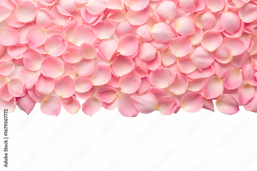 Obraz premium Soft pink rose petals scattered on black isolated on white background
