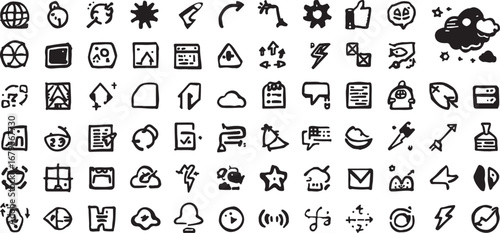 Diverse set of hand drawn black and white icons representing various digital interface elements applications services features and functionalities