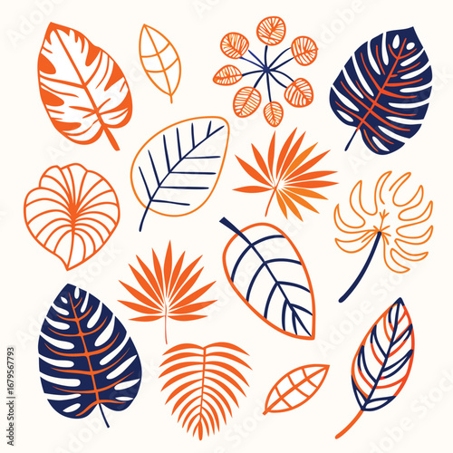 Flat style tropical leaves pattern with vibrant colors and botanical elements