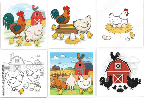 Cartoon farm chickens and chicks vector set, barnyard hen rooster egg illustrations, coloring page and silhouette for kids, educational animal design