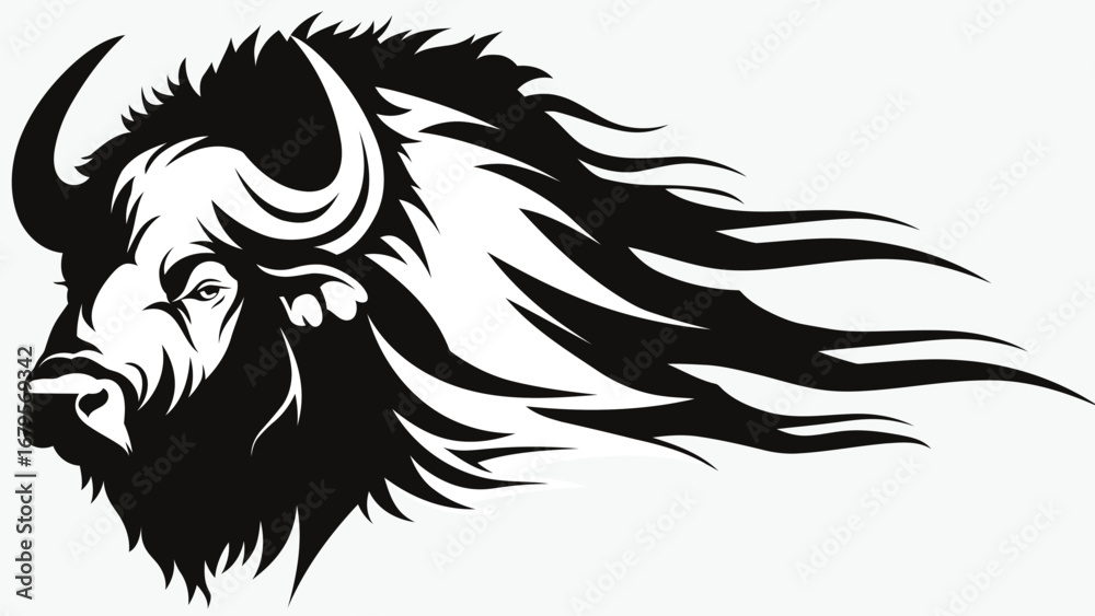Fototapeta premium Abstract Bison Head Vector Illustration with Flowing Tribal Design, Tribal Buffalo Head Silhouette Vector with Flowing Abstract Lines