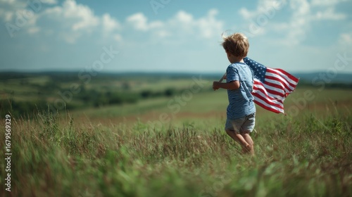 Child running with flag in field