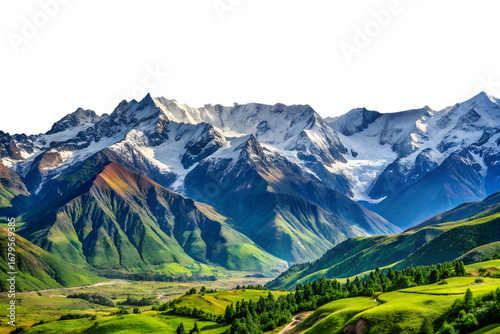 Majestic snow capped mountains valley landscape isolated on white background