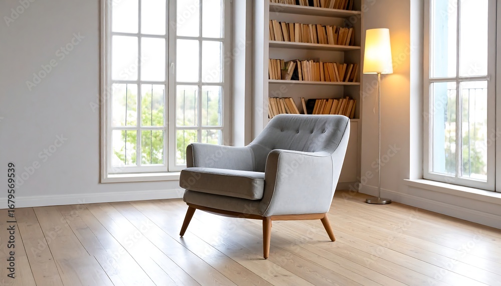 Fototapeta premium Light gray armchair in a room with bookshelves and large windows