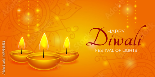 Happy Diwali Festival of Lights poster with glowing diya and traditional mandala. Vector illustration.