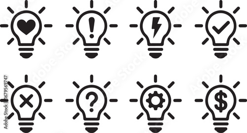 Eight light bulb icons with different symbols inside