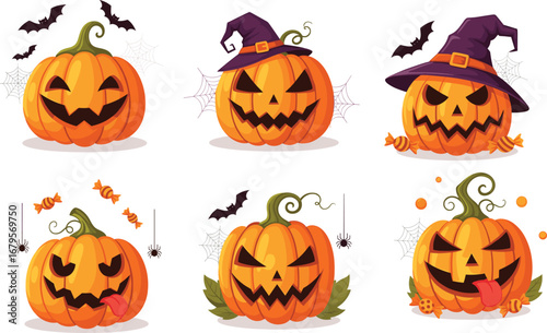 Halloween pumpkins vector illustration with spooky jack o lantern faces, witch hats, bats, spiders, cobwebs, candy, scary funny expressions for holiday design