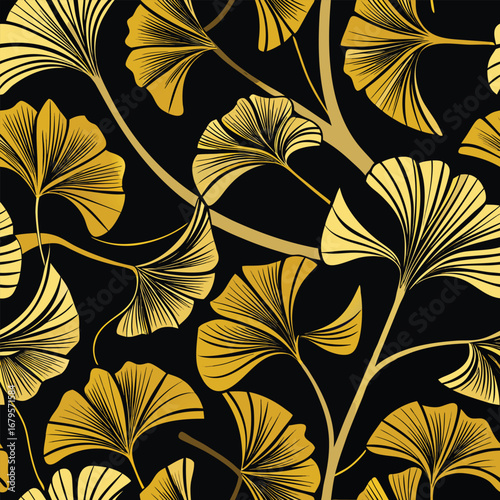 Elegant gold and black ginkgo leaf pattern design with intricate details and a luxurious feel