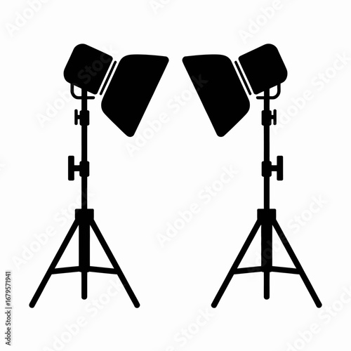 Studio lighting setup with two light stands and softboxes in black silhouette on a white background for professional photography and videography equipment illustration